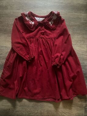 H&M Toddler Girls Long-Sleeve Burgundy Dress Top with Embroidered Collar- 4T